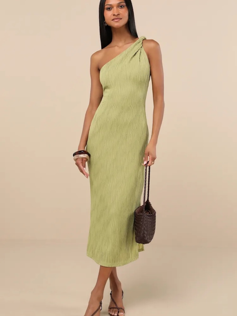 NWT Aristea Light Green Textured One-Shoulder Midi Dress